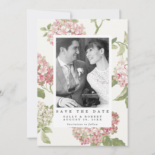 blush hydrangea photo wedding save the date card (Front)