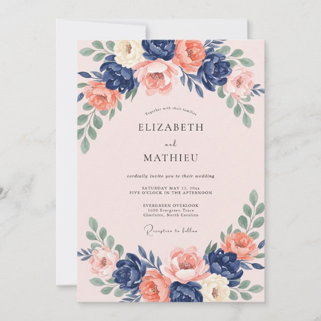 Blush Indigo Wreath Wedding Invitation (Front)