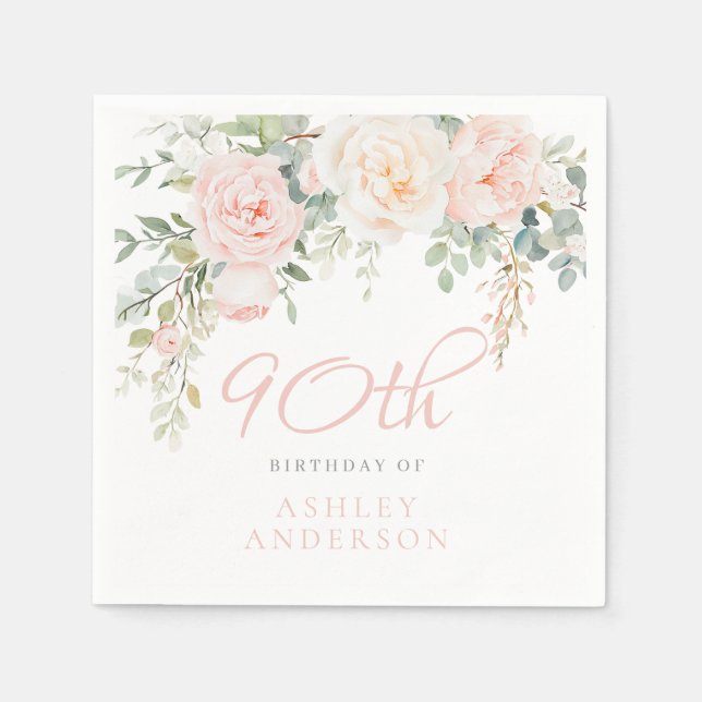 Blush & Ivory Elegant Flowers 90th Birthday Party Napkin (Front)