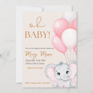 Blush Ivory Elephant Pink Balloons Baby Shower Invitation