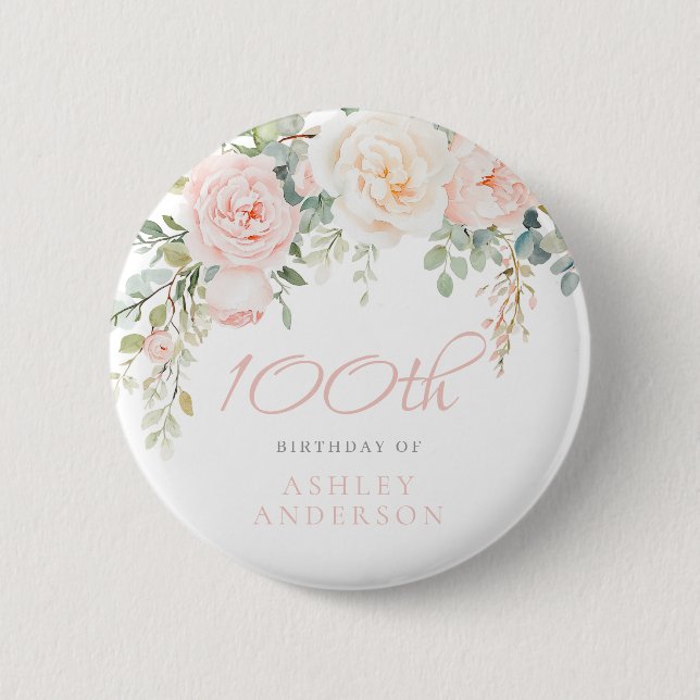 Blush & Ivory Floral 100th Birthday Party 6 Cm Round Badge (Front)