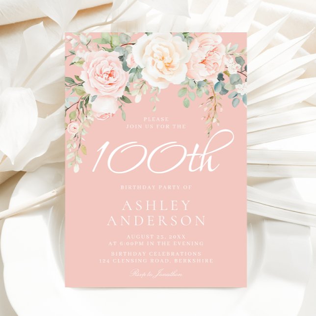 Blush & Ivory Flowers 100th Birthday Party Invitation (Creator Uploaded)