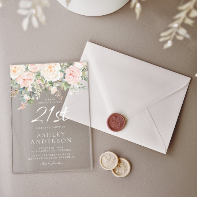 Blush & Ivory Flowers 21st Birthday Party Acrylic Invitations (Creator Uploaded)