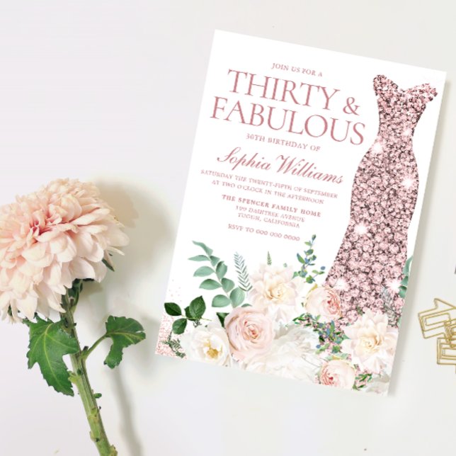 Blush & Ivory Flowers Rose Gold Gown 30th Birthday Invitation (Creator Uploaded)