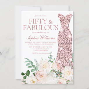 Blush & Ivory Flowers Rose Gold Gown 50th Birthday Invitation