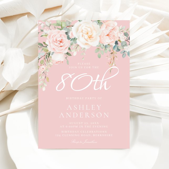 Blush & Ivory Flowers Womans 80th Birthday Party Invitation (Creator Uploaded)