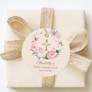 Blush ivory pink floral wreath First Communion DIY Favour Tags