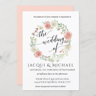 Blush Ivory Roses w Leaf Wreath Wedding Invitation