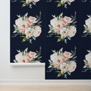 Blush Ivory White Peonies Roses Floral Navy Wallpaper