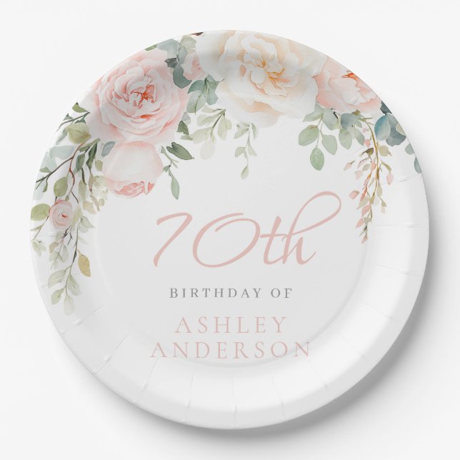 Blush & Ivory Womans 70th Birthday Celebration Paper Plate (Front)