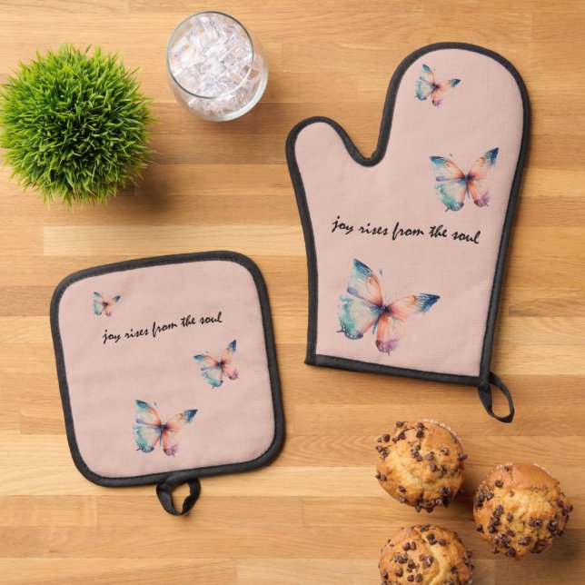 Blush Joy Rises from the Soul Butterfly  Oven Mitt & Pot Holder Set (Top Down)