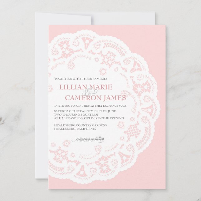 Blush Lace Doily Wedding Invitation (Front)