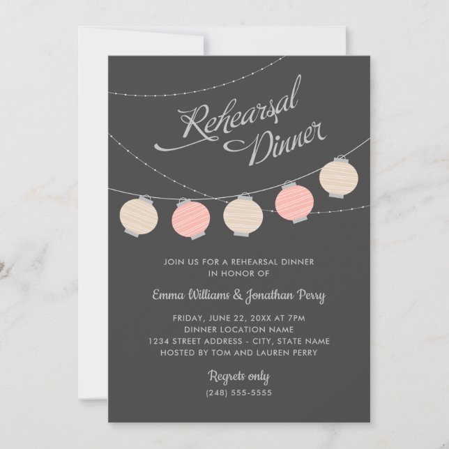 Blush Lantern Grey Wedding Rehearsal Dinner Invitation (Front)