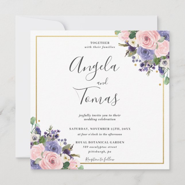 Blush Lavender Floral Greenery Wedding Gold Square Invitation (Front)