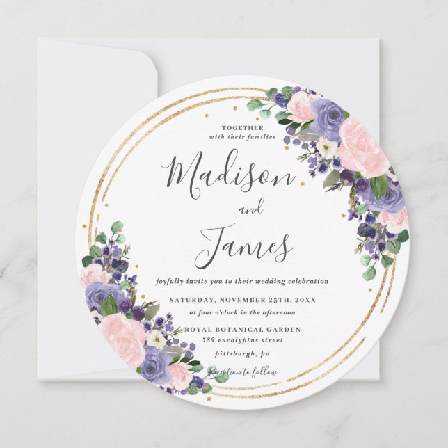 Blush Lavender Floral Wedding Gold Glitter Circle Invitation (Front)