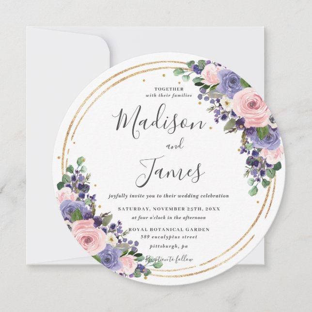 Blush Lavender Floral Wedding Gold Glitter Circle Invitation (Front)