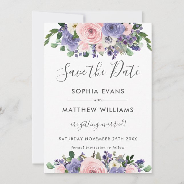 Blush Lavender Floral Wedding Save the Date Card (Front)