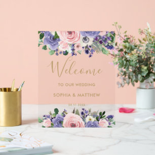 Blush Lavender Purple Floral Wedding Welcome Acrylic Sign