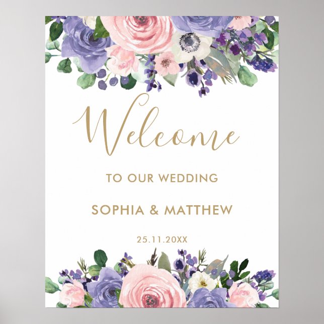 Blush Lavender Purple Floral Wedding Welcome Sign (Front)