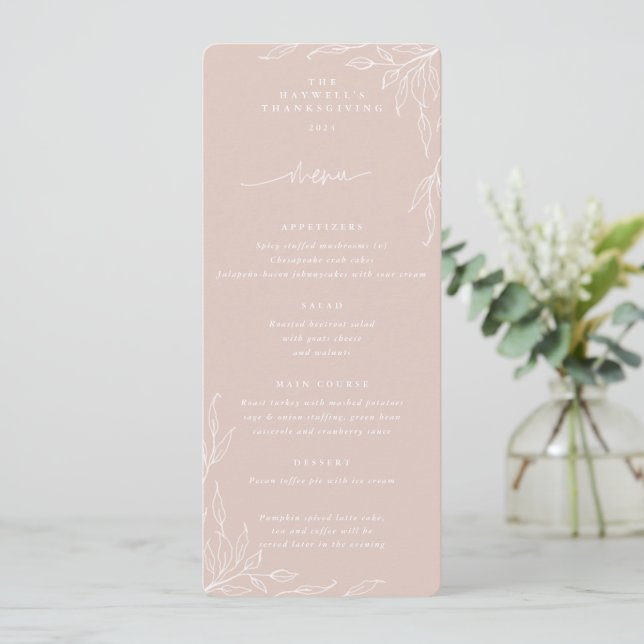 Blush Leaf Motif Thanksgiving Dinner Flat 4 Course Menu (Standing Front)