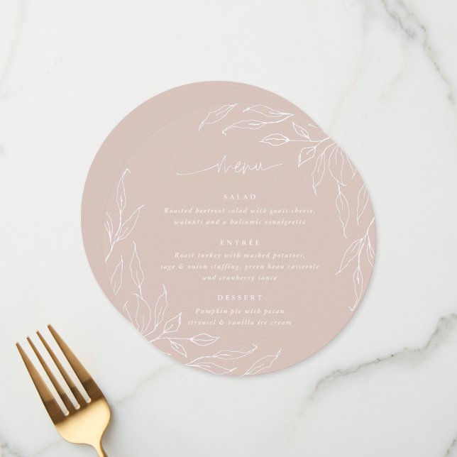 Blush Leaf Motif Thanksgiving Dinner Round Menu (Front/Back In Situ)