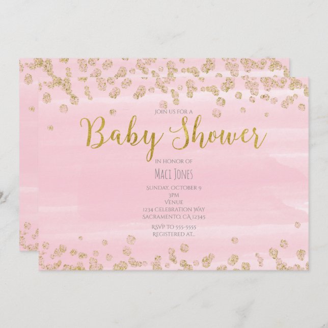 Blush Light Pink & Gold Baby Shower Invitations (Front/Back)