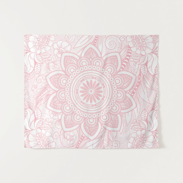 Blush Light Pink Mandala with Floral Pattern Tapestry (Front (Horizontal))