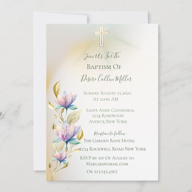 Blush & Lilac Floral ,Gold Cross Baptism Invitatio Invitation (Front)