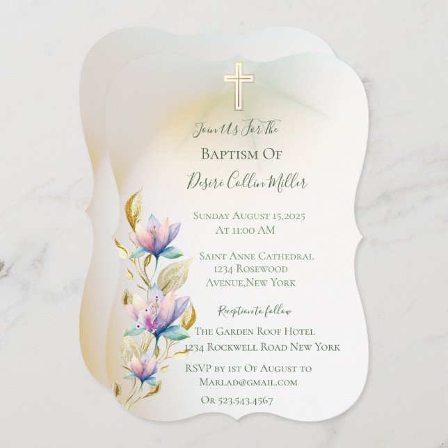 Blush & Lilac Floral ,Gold Cross Baptism Invitatio Invitation (Front/Back)