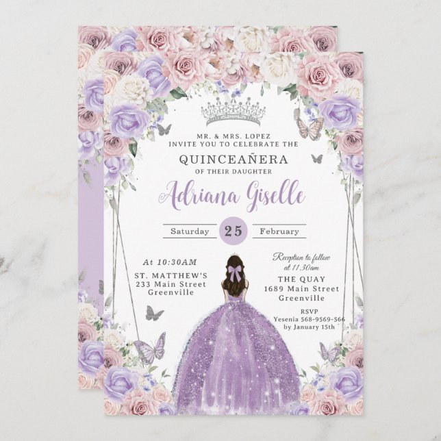 Blush Lilac White Floral Silver Quinceañera XV 16 Invitation (Front/Back)