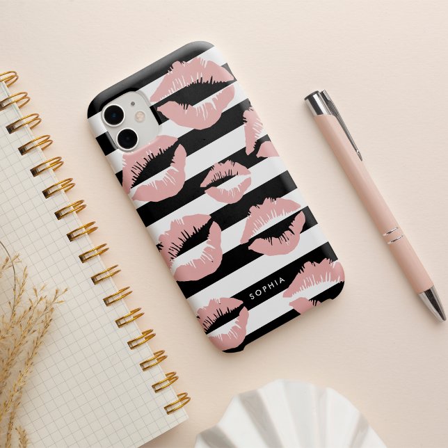 Blush Lip Print Kisses Black & White Stripe Case-Mate iPhone Case (Creator Uploaded)