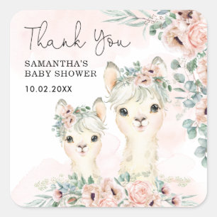 Blush Llama Floral Eucalyptus Baby Girl Thank You Square Sticker