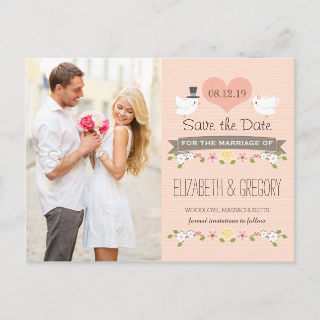 BLUSH LOVE BIRDS DOVE SAVE THE DATE ANNOUNCEMENT POSTCARD (Front)