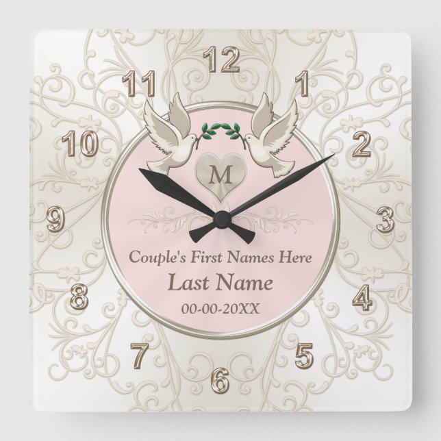 Blush Love Birds Wedding Gifts Clock, Personalised Square Wall Clock (Front)