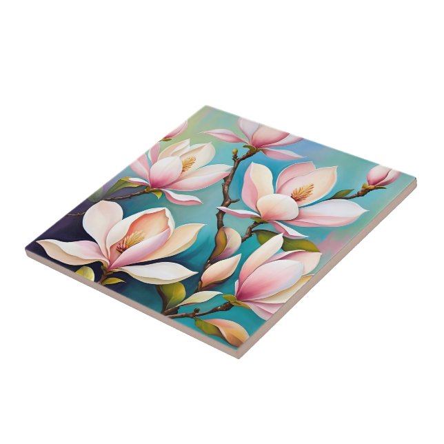 Blush magnolia flowers ceramic tile (Side)