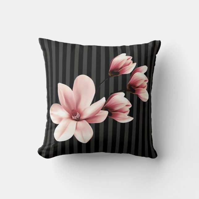 Blush Magnolias on Black Stripes Cushion (Front)