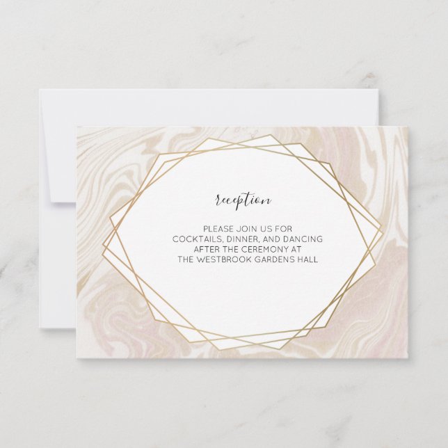 Blush Marble Faux Gold Geometric Frame Enclosure RSVP Card (Front)
