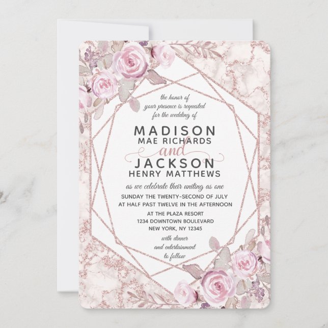Blush Marble Geometric Frame Wedding Invitations (Front)