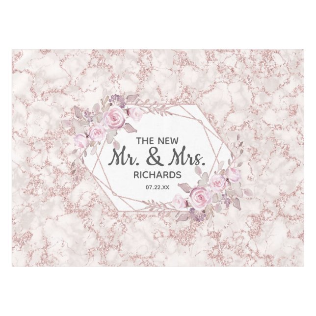 Blush Marble Geometric Frame Wedding Monogram Tablecloth (Front (Horizontal))