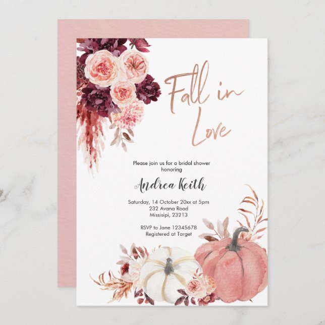 blush marsala fall in love pumpkin bridal shower invitation (Front/Back)