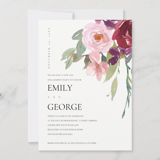 BLUSH MARSALA RED ROSE FLORAL ENGAGEMENT INVITE (Front)