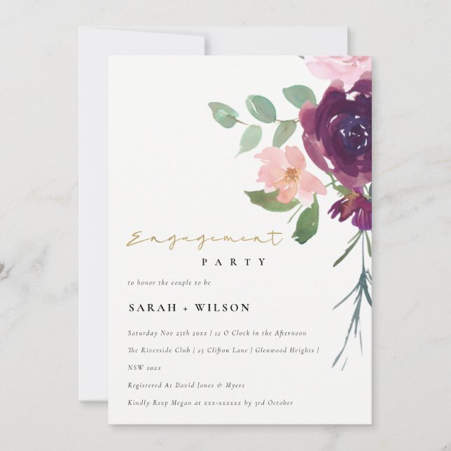BLUSH MARSALA RED ROSE FLORAL ENGAGEMENT INVITE (Front)