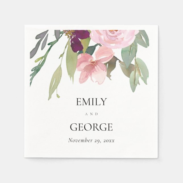 BLUSH MARSALA ROSE WATERCOLOR FLORAL WEDDING NAPKIN (Front)