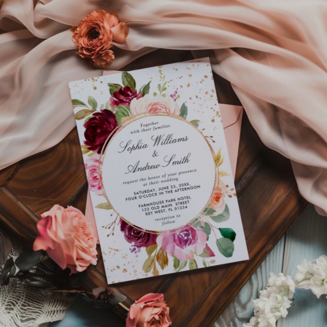 Blush Marsala Roses & Gold Dots Wedding Invitation (Creator Uploaded)