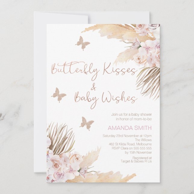 Blush Mauve Floral Butterfly Kisses Baby Shower  Invitation (Front)
