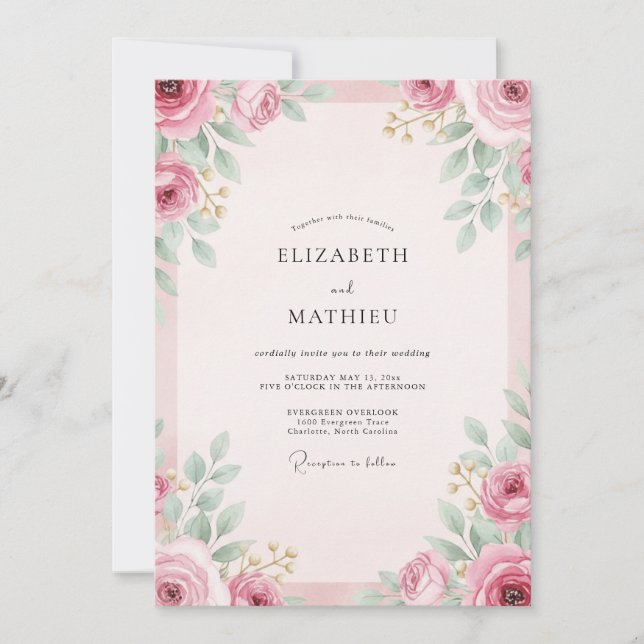Blush Mauve Painted Foliage Wedding Invitation (Front)