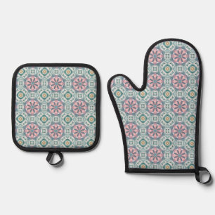 Blush Meadow Tile – Watercolor Floral Oven Mitt & Pot Holder Set