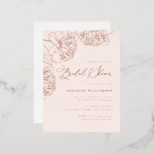 Blush Minimalist Hand-drawn Peonies Bridal Shower Foil Invitation Postcard