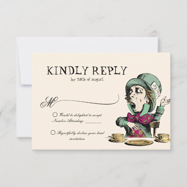 Blush Mint Alice in Wonderland Mad Hatter Wedding RSVP Card (Front)