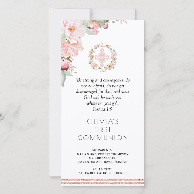 Blush, Mint Floral First Communion Bookmark Favour Thank You Card (Front)